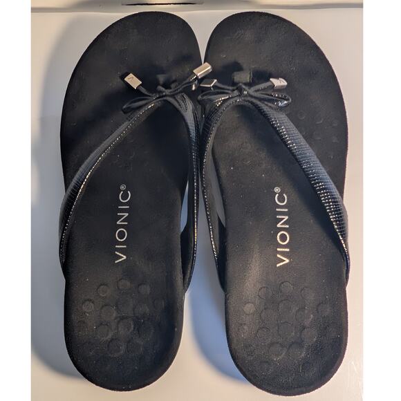 VIONIC Bella Toe Post Flip Flop Sandals with Bow Black Lizard Reptile Women's 7 - Picture 8 of 15